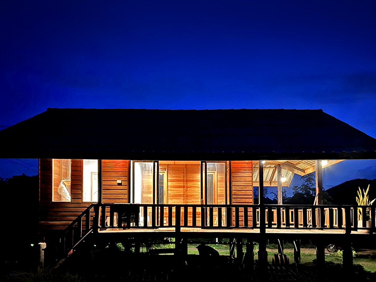 Bungalow exterior at night